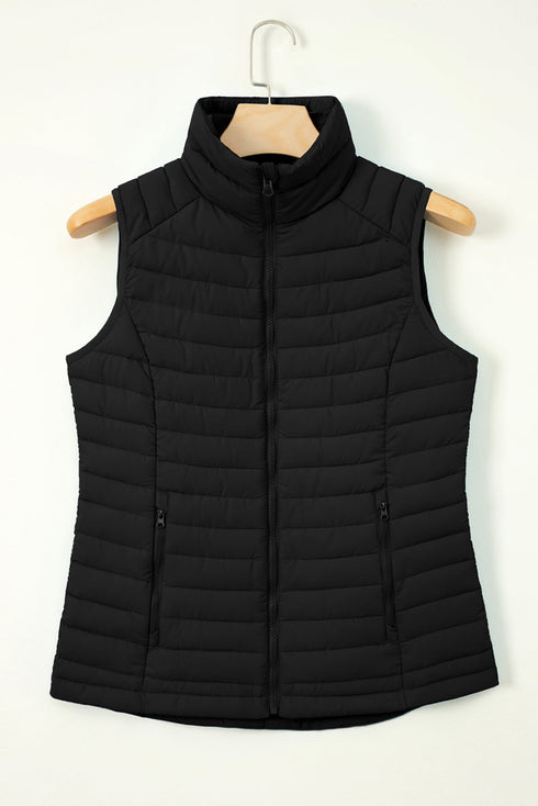 Plush Collared Quilted Zipped Puffer Vest